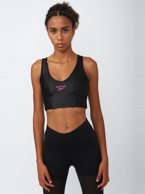 reebok black logo print sports bra