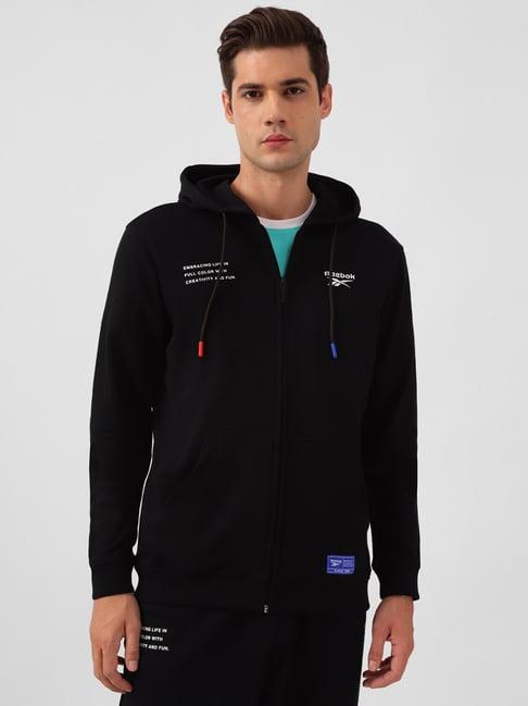 reebok black regular fit printed cotton ath hooded sweatshirt