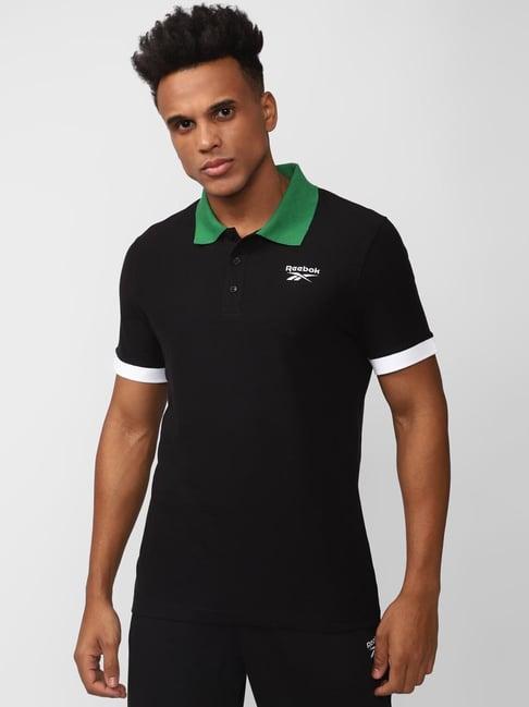reebok black slim fit printed polo t-shirt