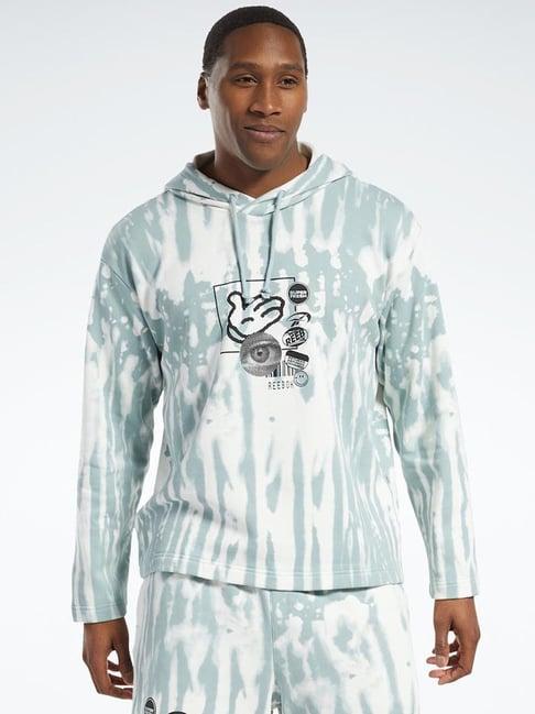 reebok blue cotton regular fit printed hooded sweatshirt