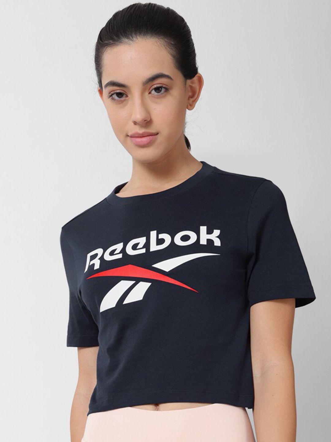 reebok brand logo printed crop pure cotton t-shirt