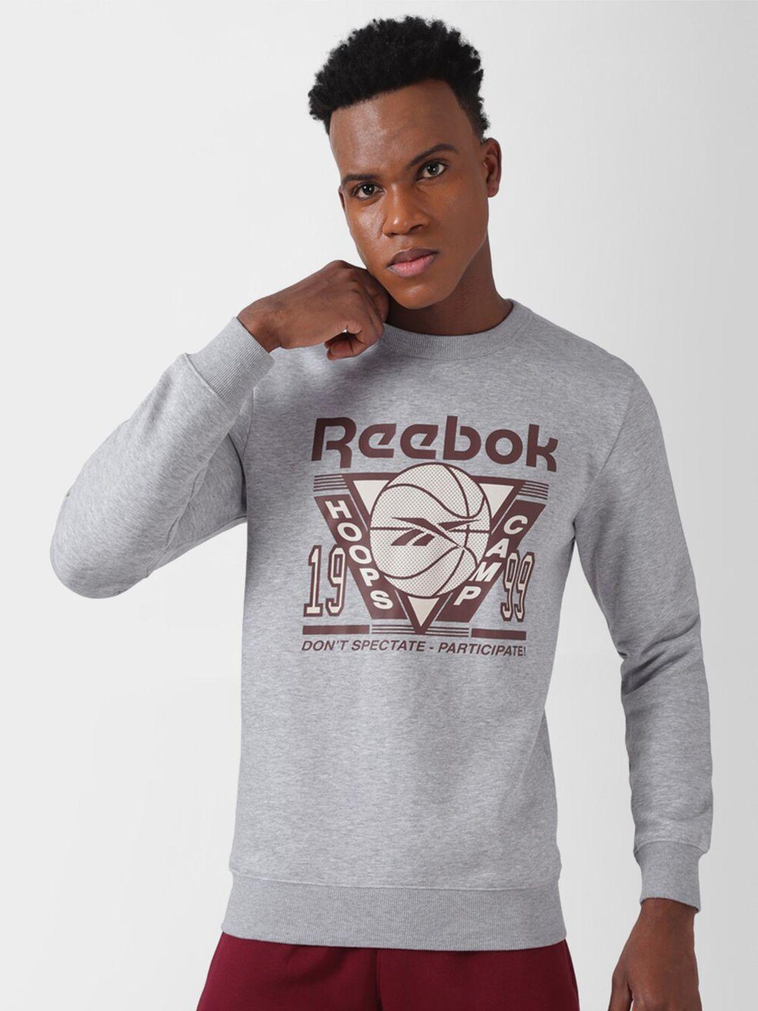 reebok brand logo seasonal printed crew neck relaxed fit pullover sweatshirt