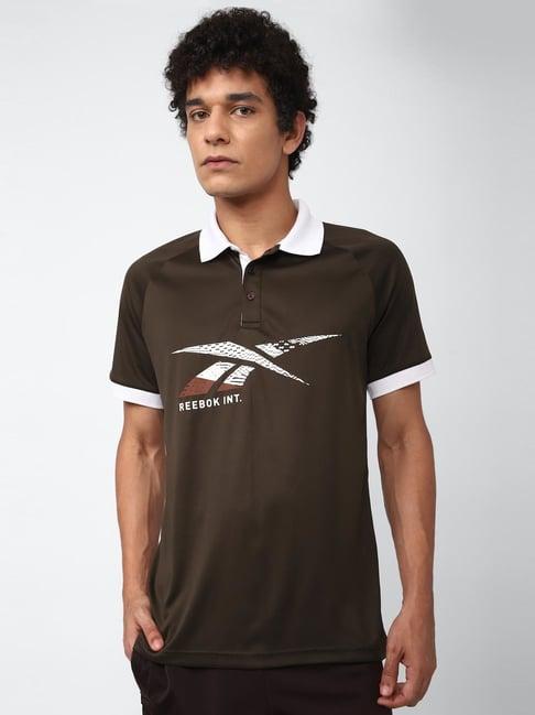 reebok brown regular fit printed polo t-shirt