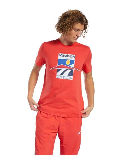 reebok cl intl sport tee red cotton regular fit printed t-shirt