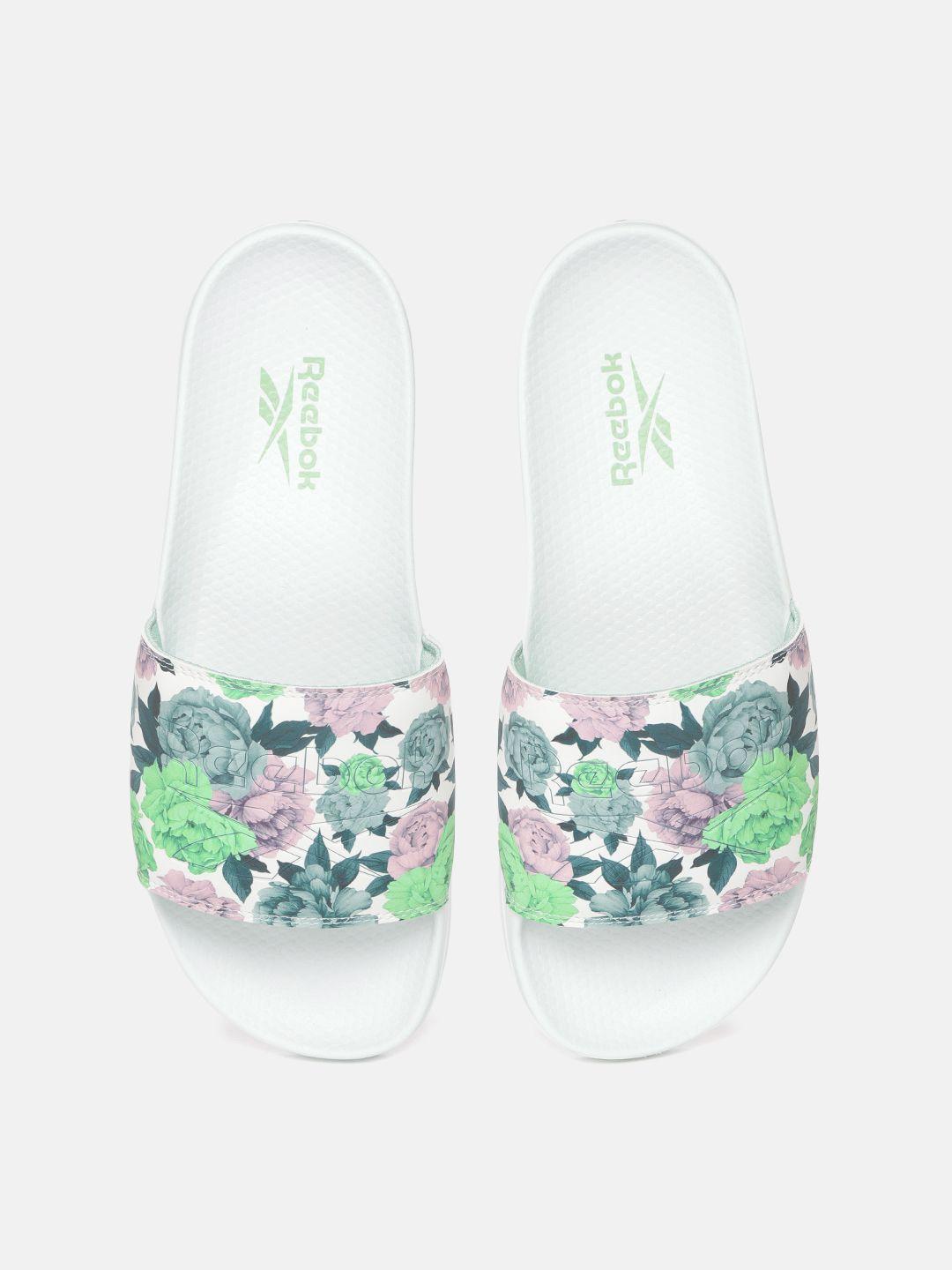 reebok classic unisex green & dusty pink floral print sliders