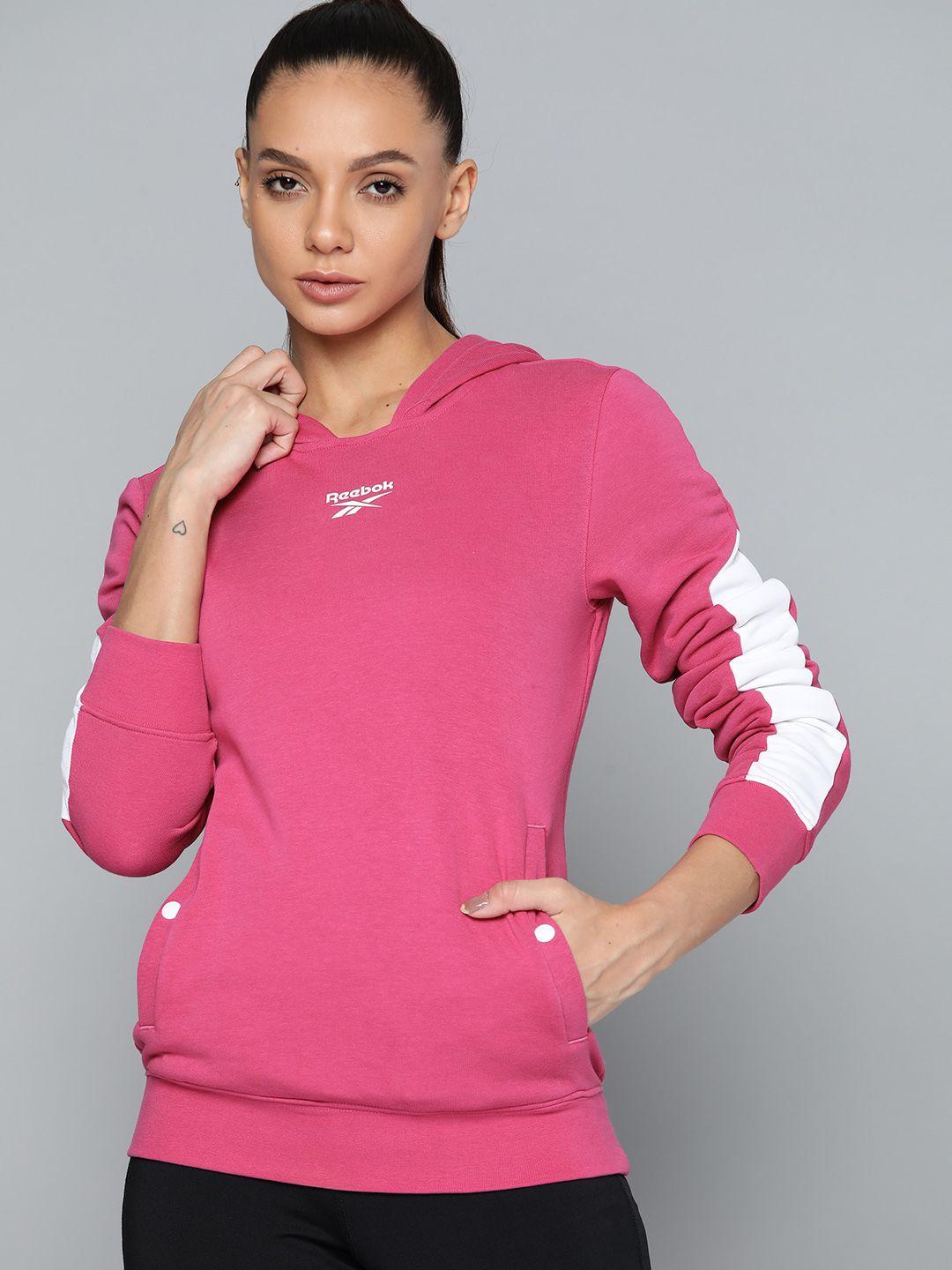 reebok classic women fuchsia brand logo printed hooded sweatshirt