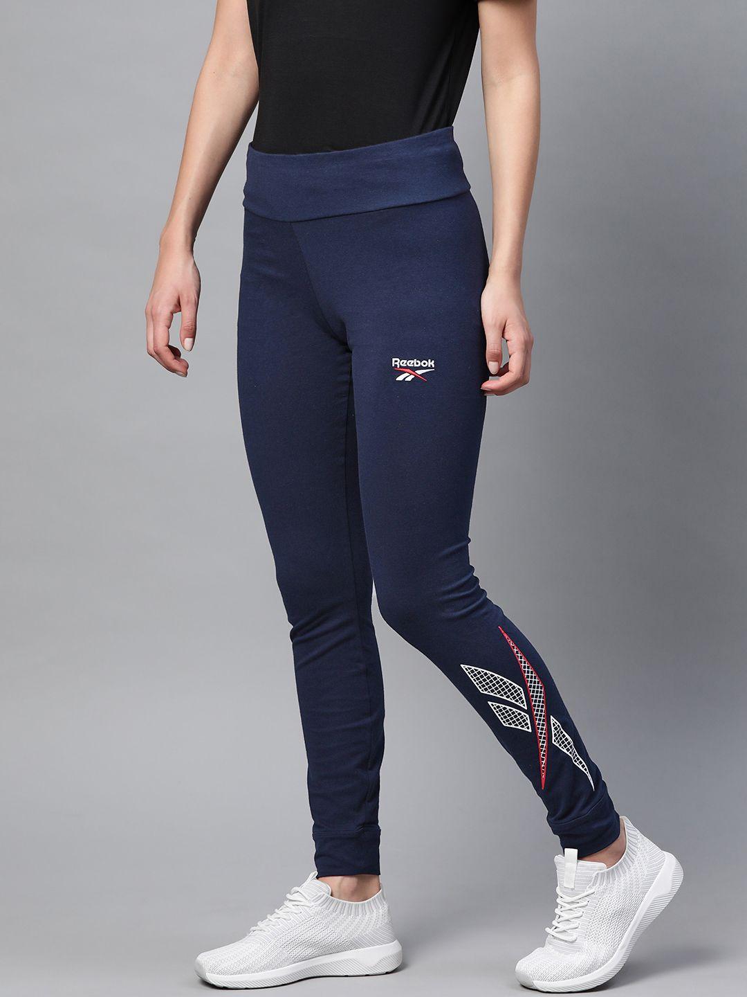 reebok classic women navy blue printed detail ts big logo classics tights