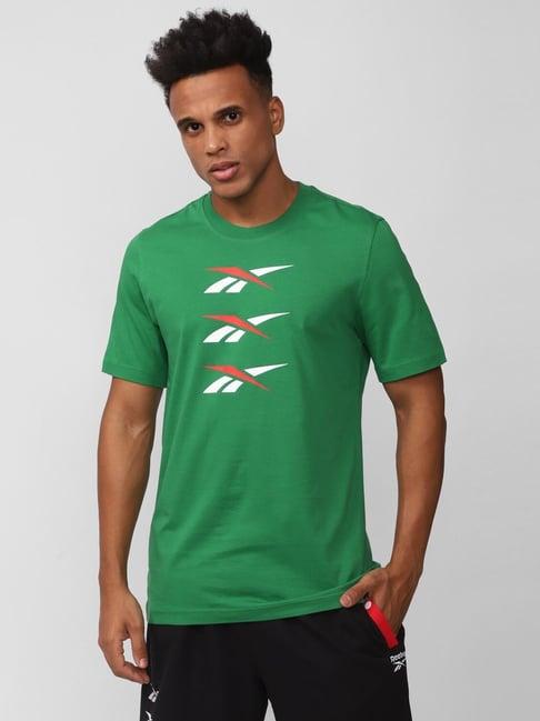 reebok green cotton slim fit printed t-shirt