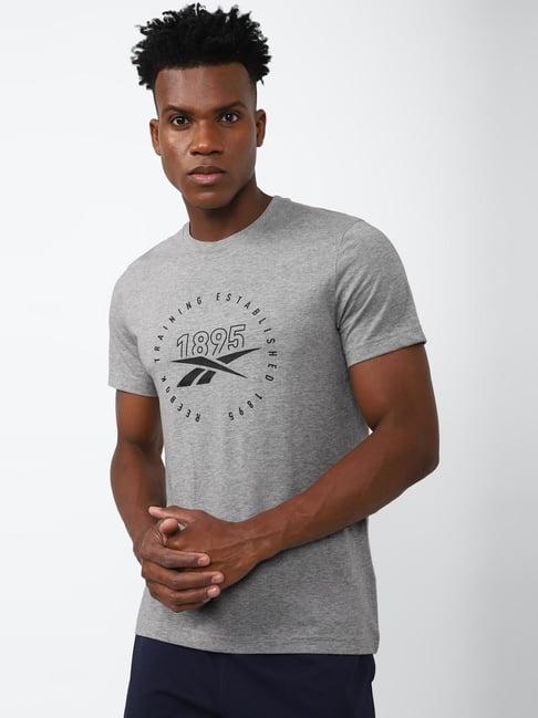 reebok grey cotton slim fit printed t-shirt