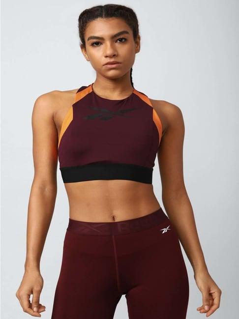 reebok maroon graphic print sports bra