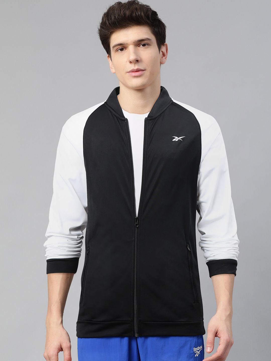 reebok men black & white back printed hustle training track top