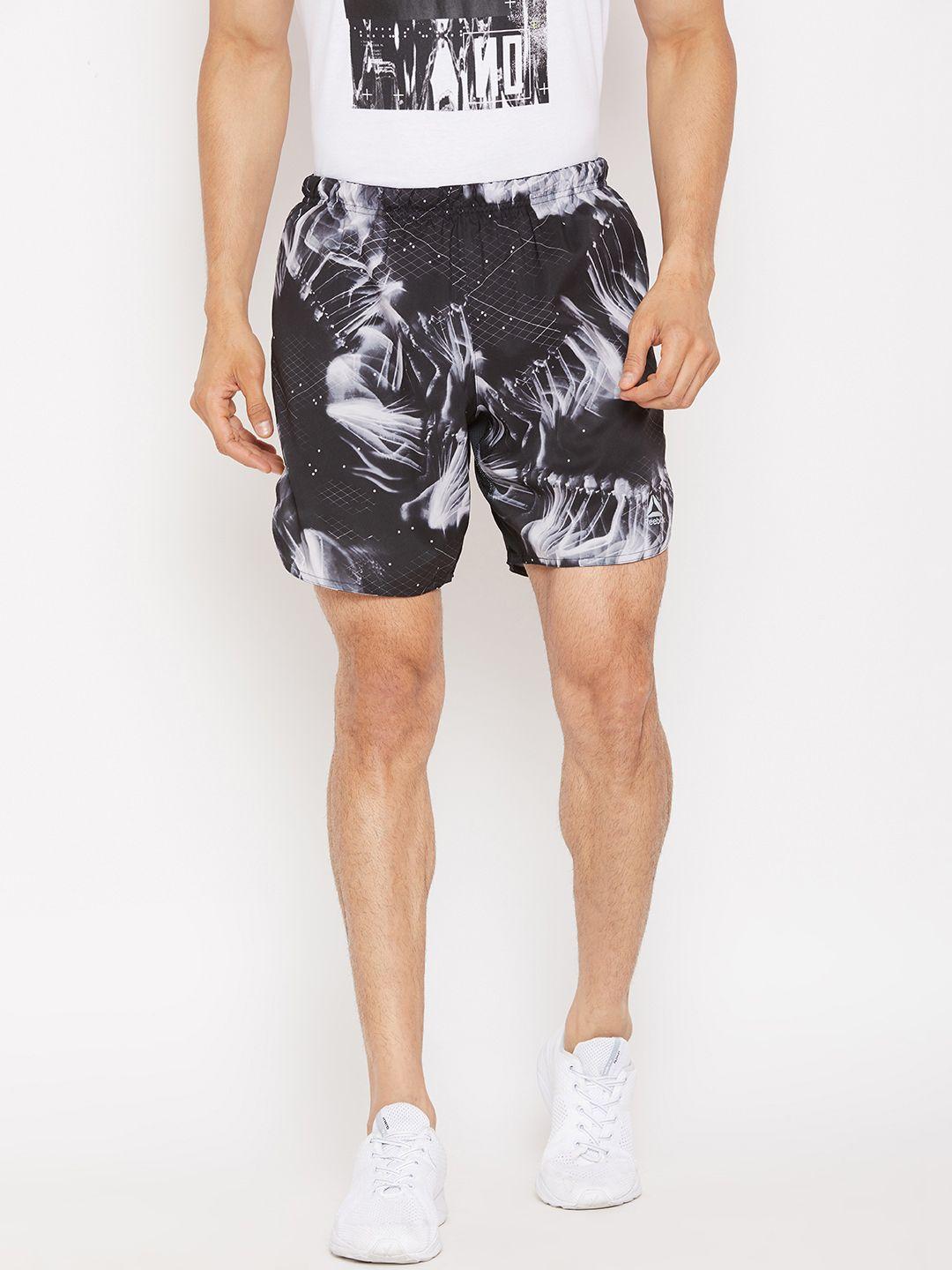 reebok men black & white printed essentials 7 inch running shorts