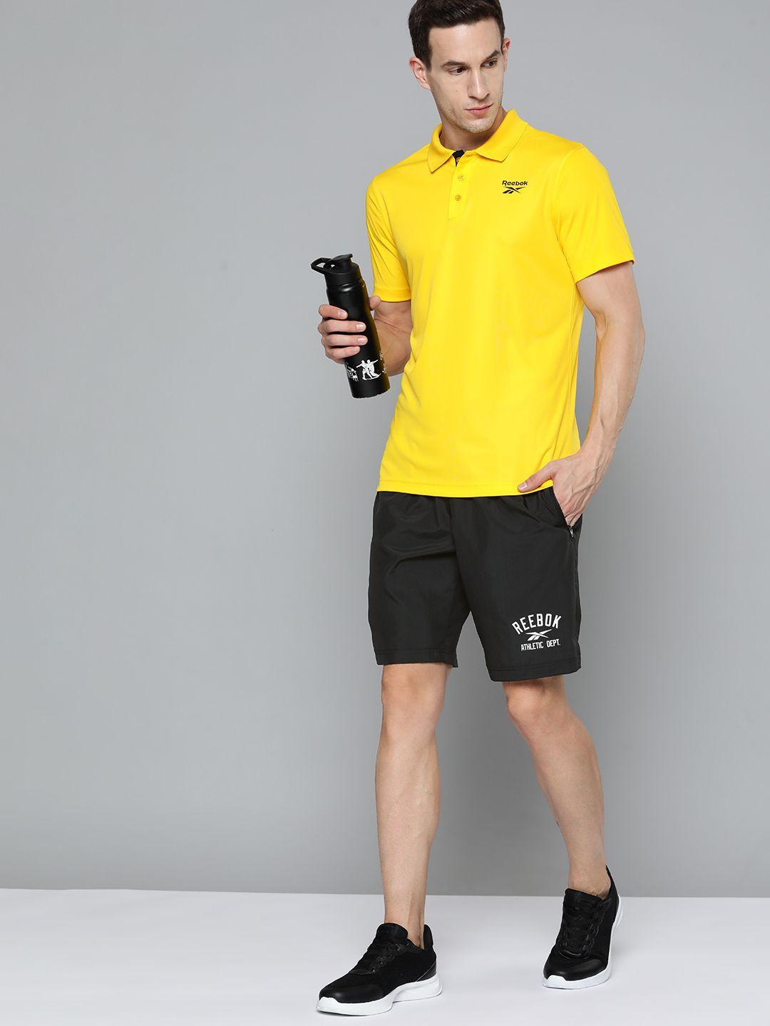 reebok men black brand logo printed wor woven training sports shorts