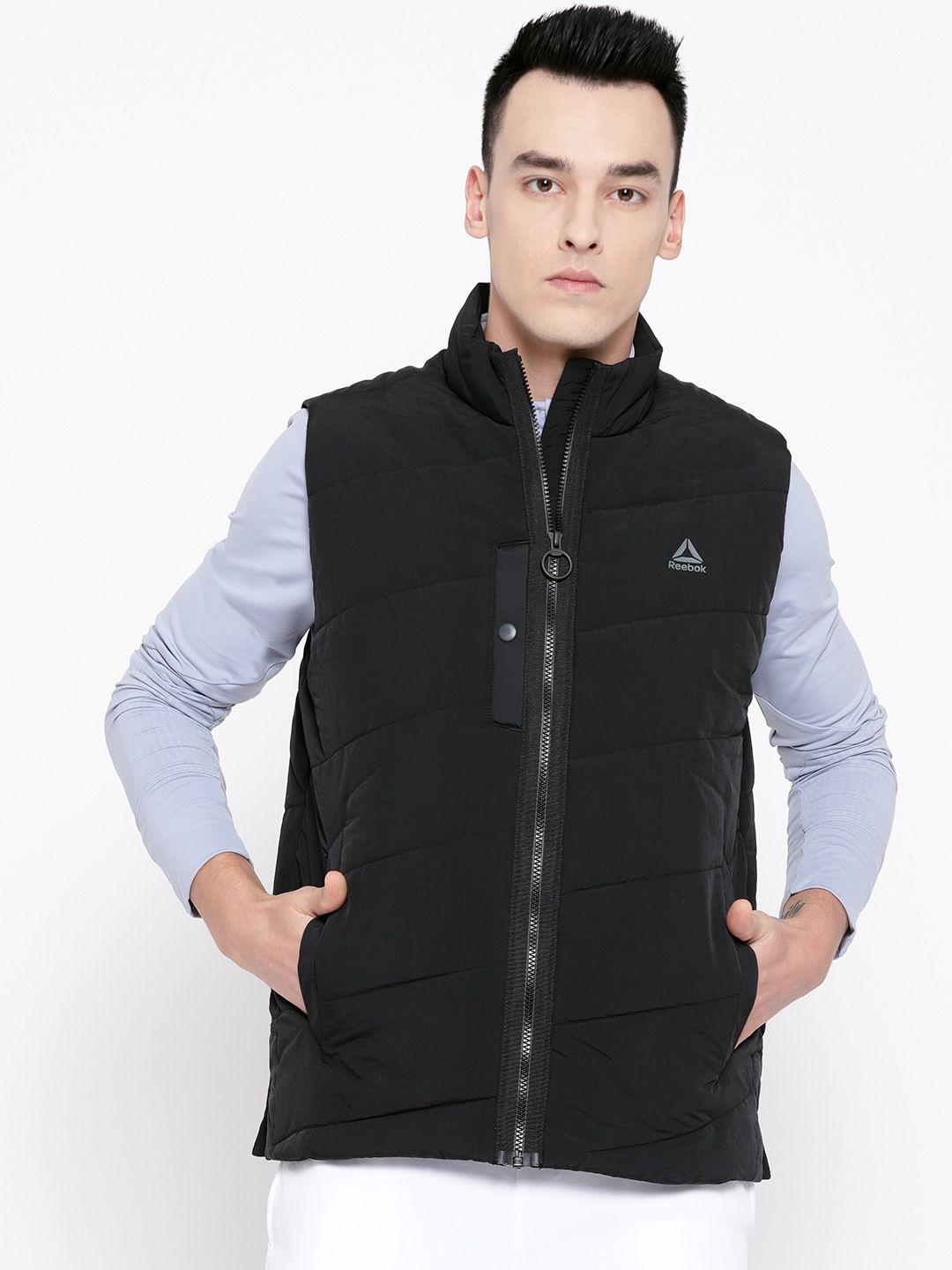 reebok men black solid outerwear padded vest jacket