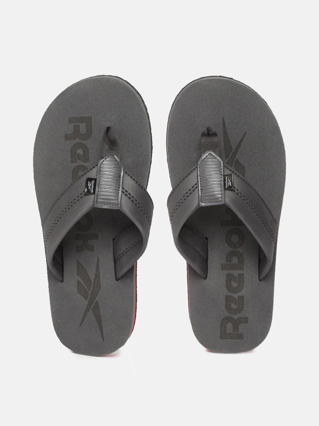 reebok men charcoal grey brand logo printed thong flip-flops