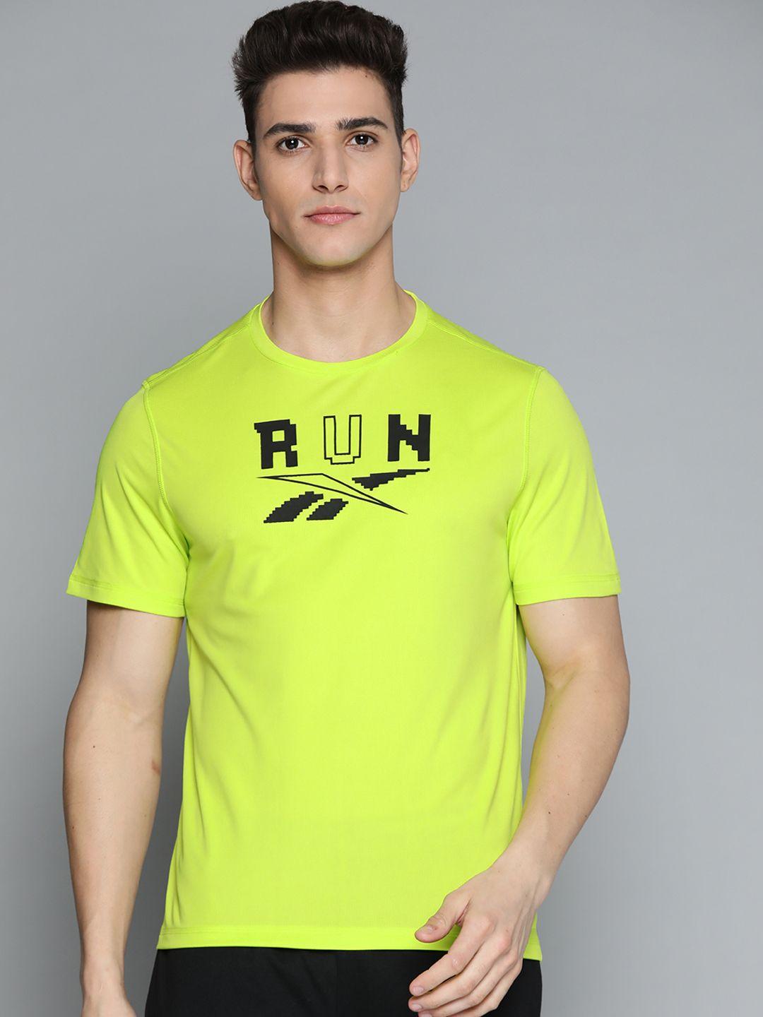 reebok men fluorescent green & black graphic brand logo speedwick running t-shirt