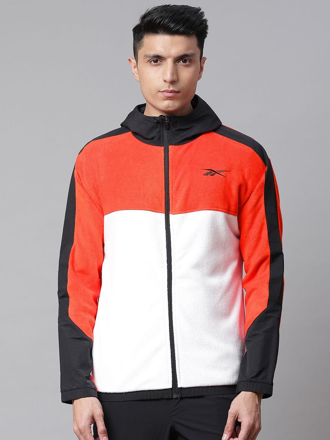reebok men red & white workout ready fleece full-zip colourblocked hooded jacket