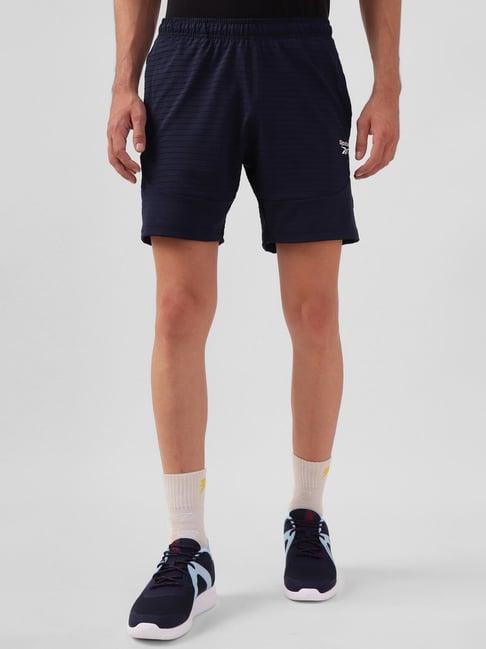 reebok navy regular fit striped training sports shorts