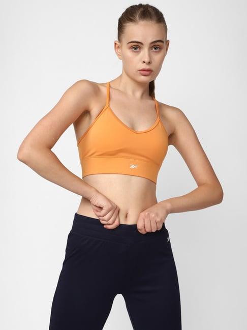 reebok orange logo print sports bra