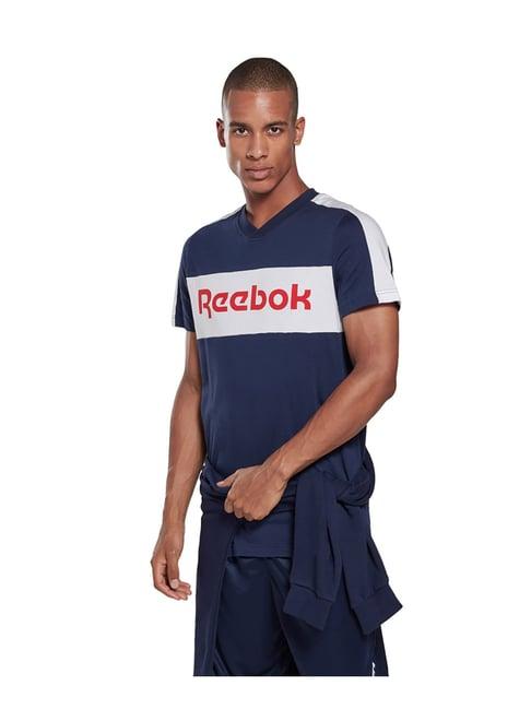 reebok te ll ss blue & white printed t-shirt