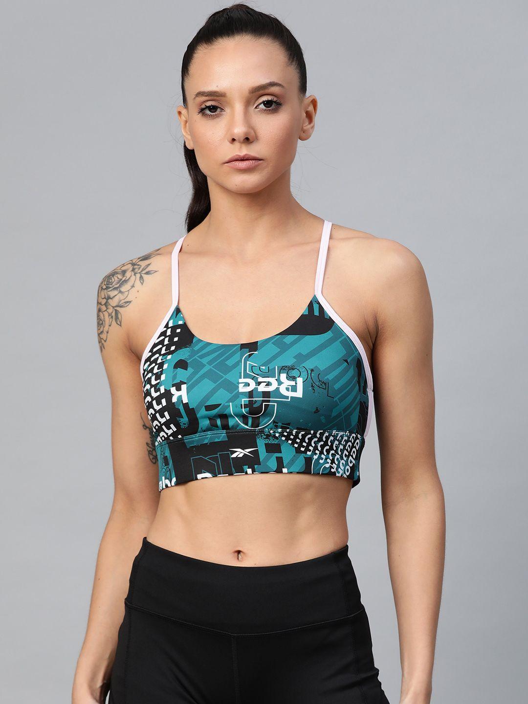 reebok teal green & black all over print wor meet you there low impact training bra fj2695