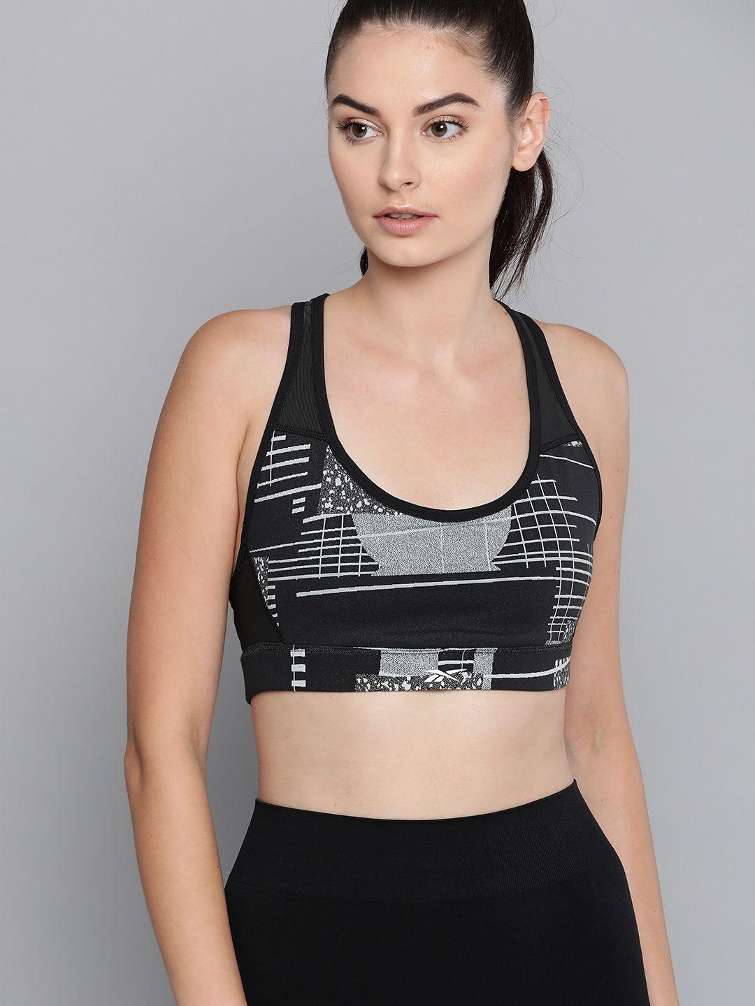 reebok women black & grey hero deconstructed racer sports bra ge1352