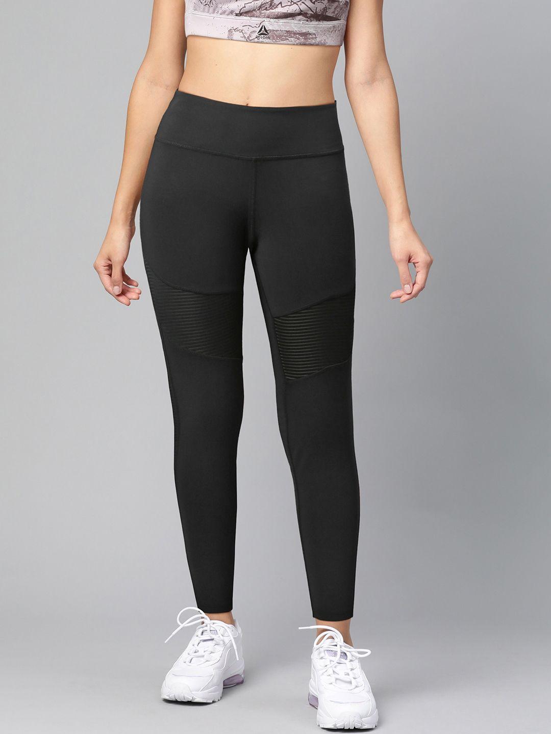 reebok women black solid workout ready mesh tights