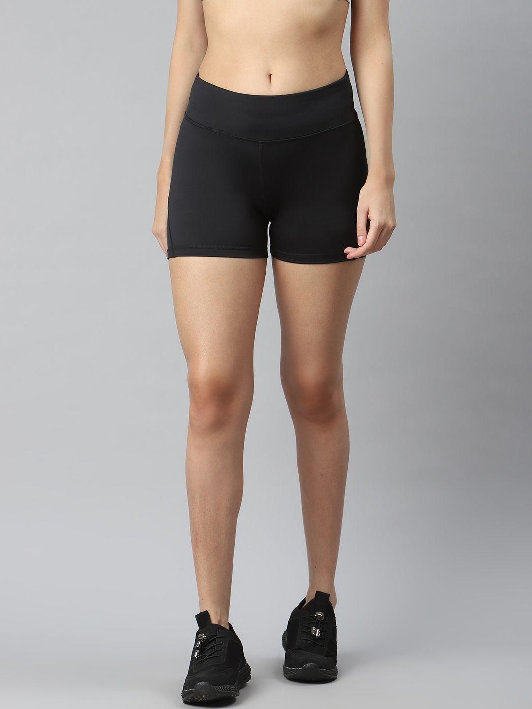 reebok women black sustainanble wokout pp solid slim fit hot shorts