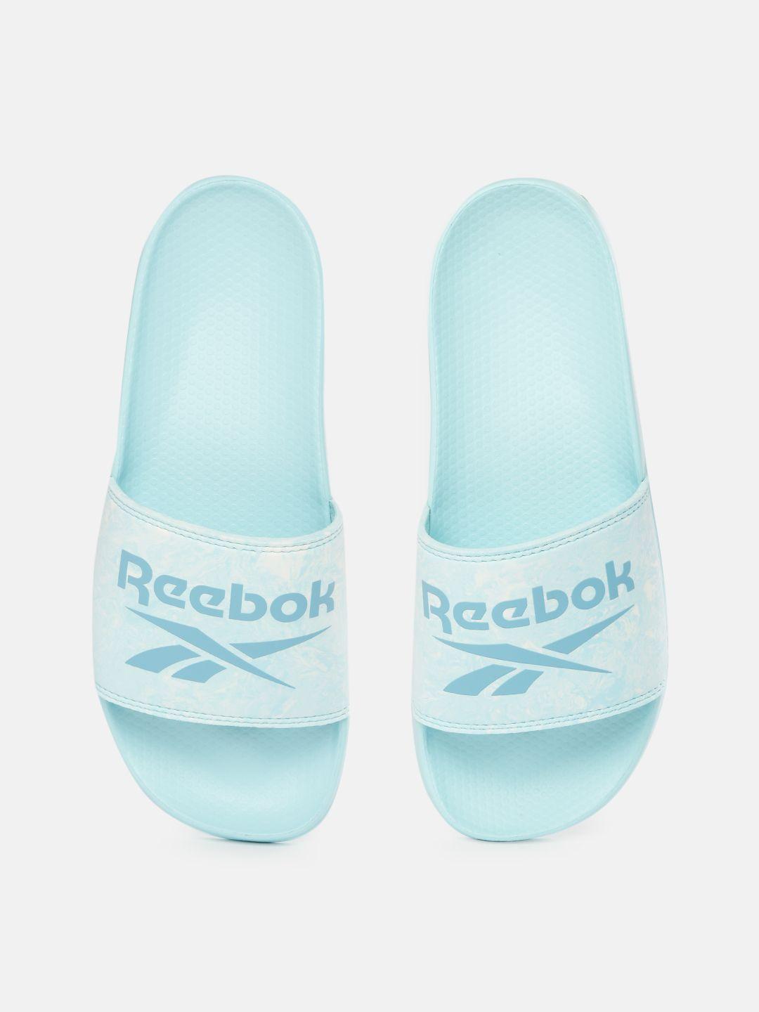 reebok women blue brand logo print fulgere sliders