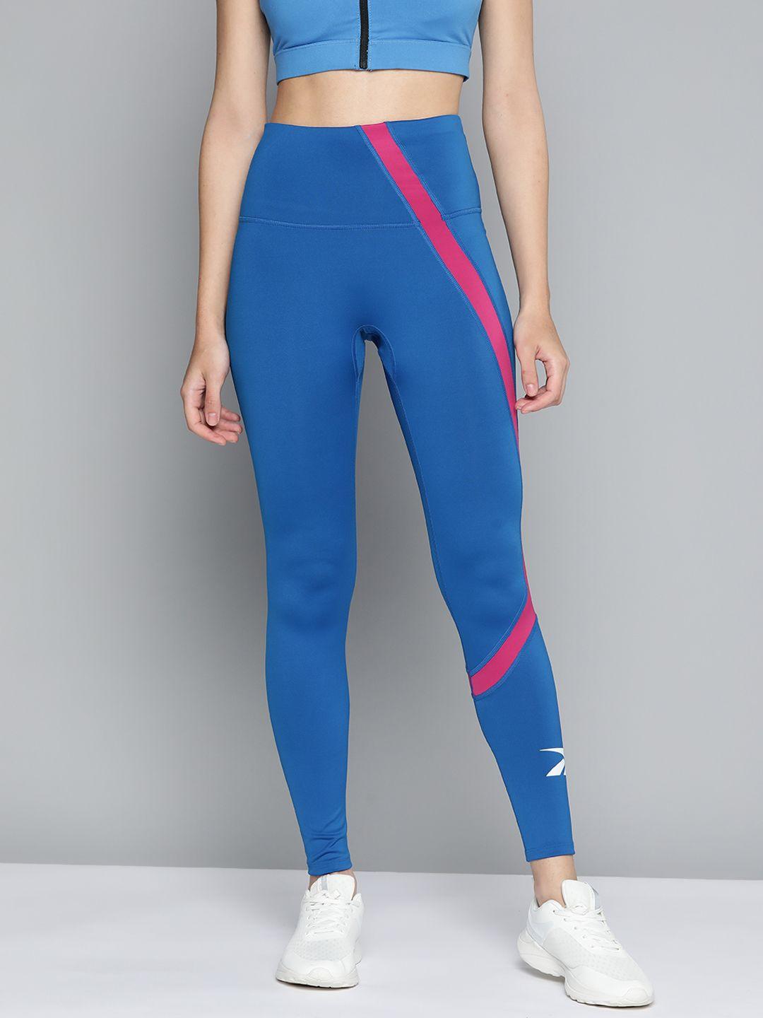 reebok women blue striped workout ready vector tights