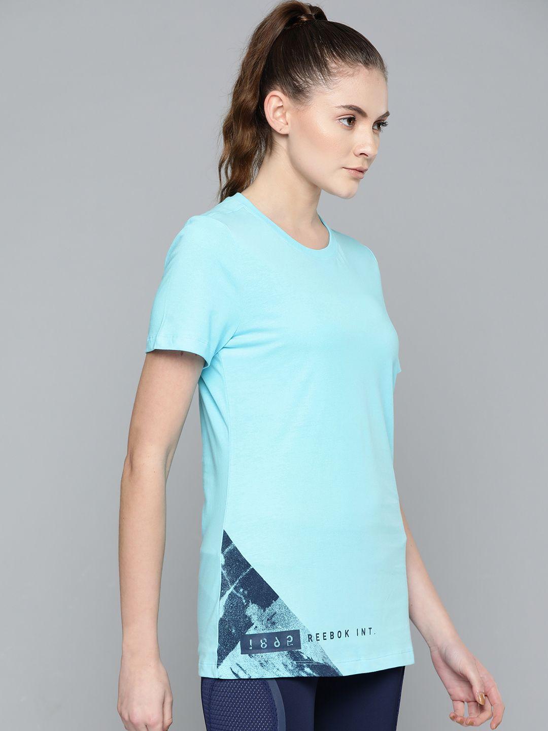 reebok women blue workout graphic pure cotton t-shirt
