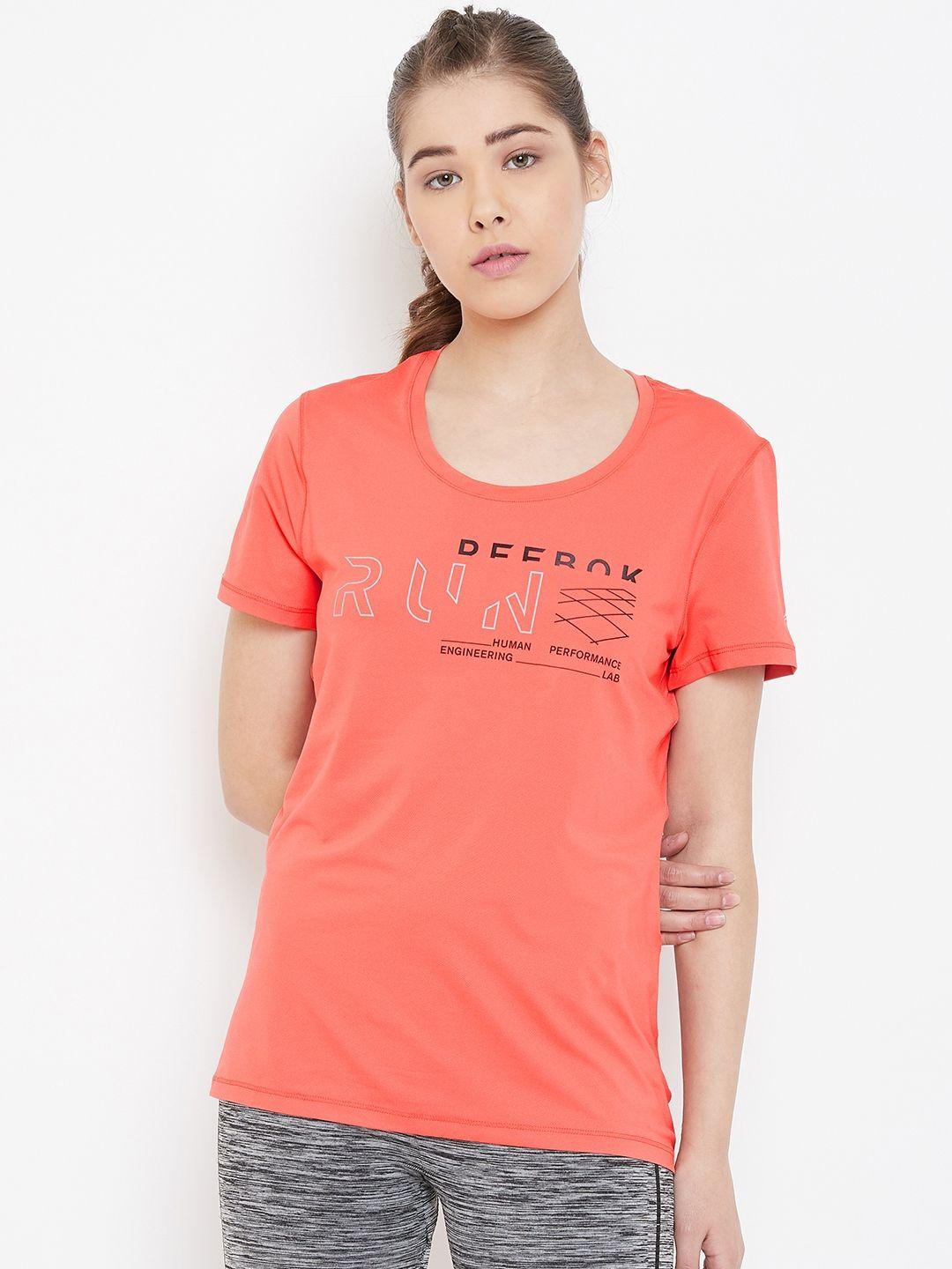 reebok women coral orange printed osr micro mesh running t-shirt