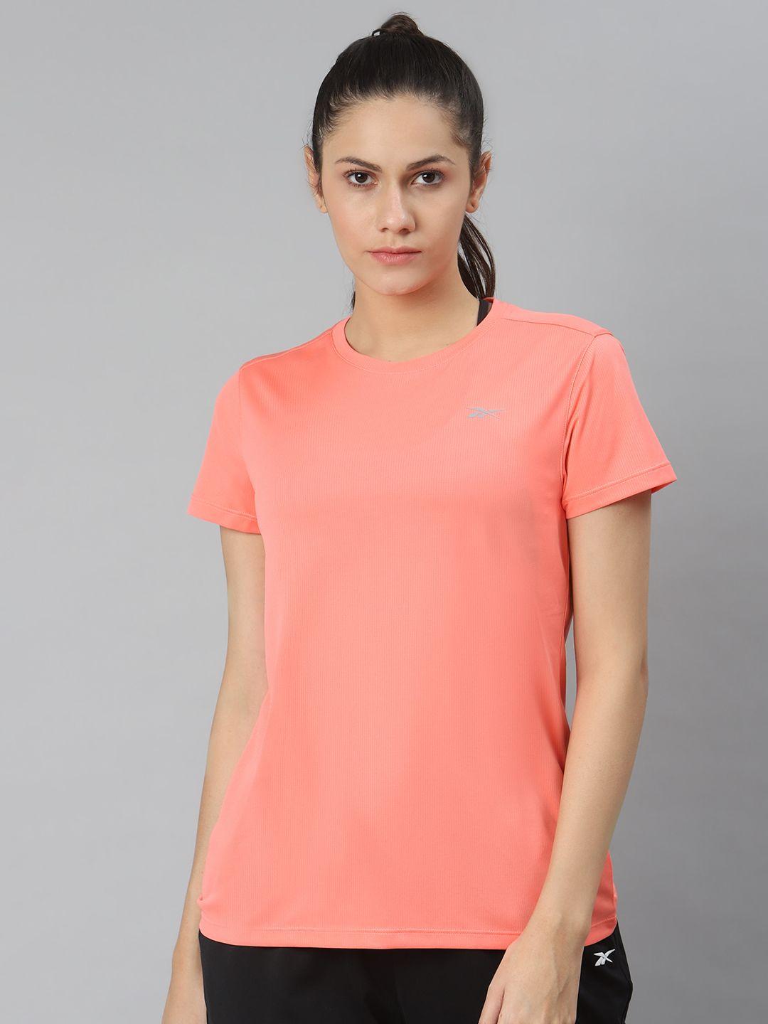 reebok women coral orange running essentials short sleeve solid t-shirt