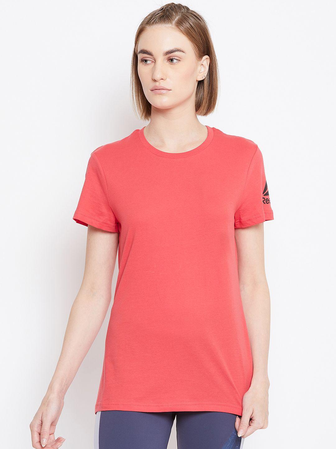 reebok women coral red wor comm training pure cotton t-shirt