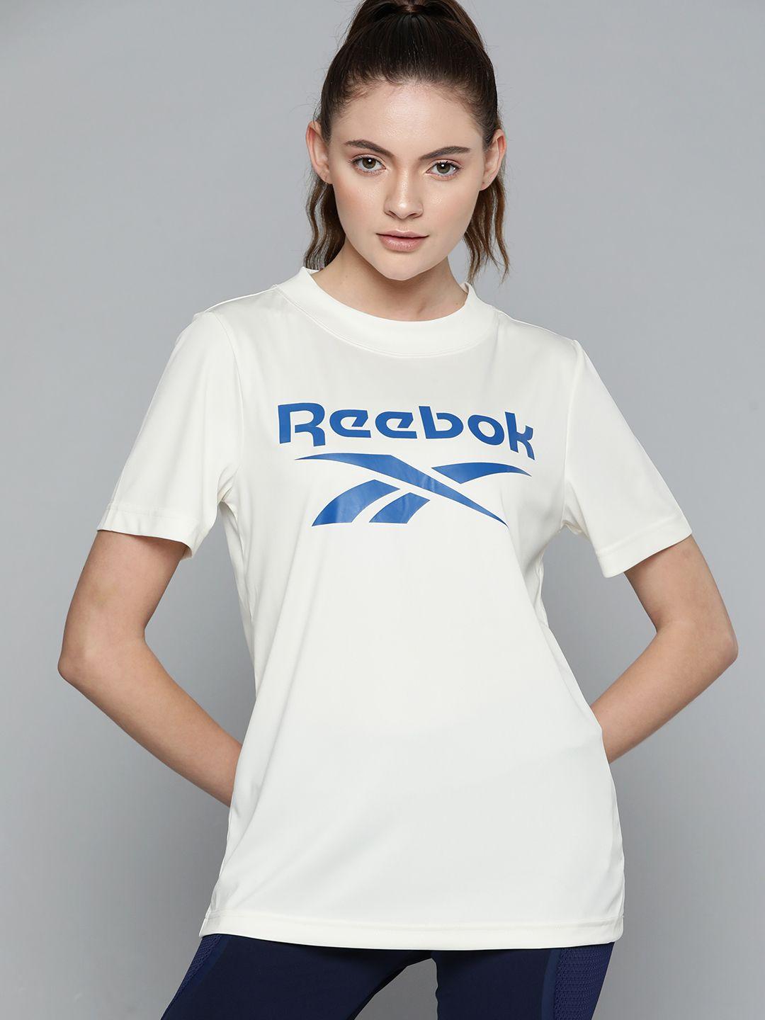 reebok women cream-coloured & blue brand logo printed slim fit t-shirt