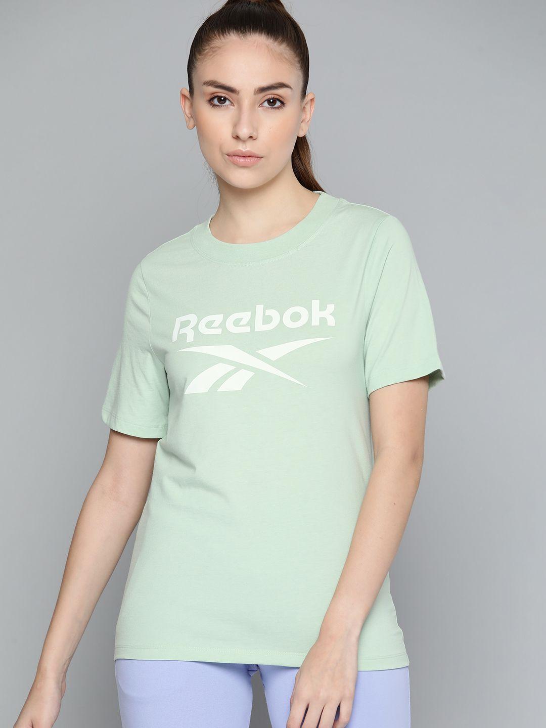 reebok women green & white brand logo printed pure cotton training or gym t-shirt