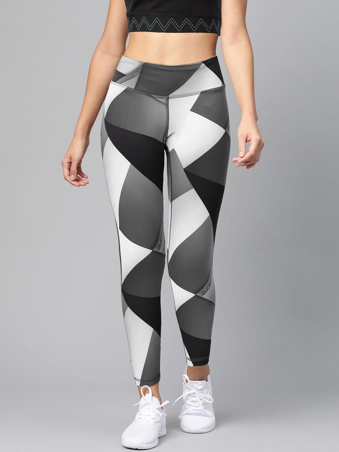 reebok women grey & white printed ts lux bold 7/8 2.0 modern block tights