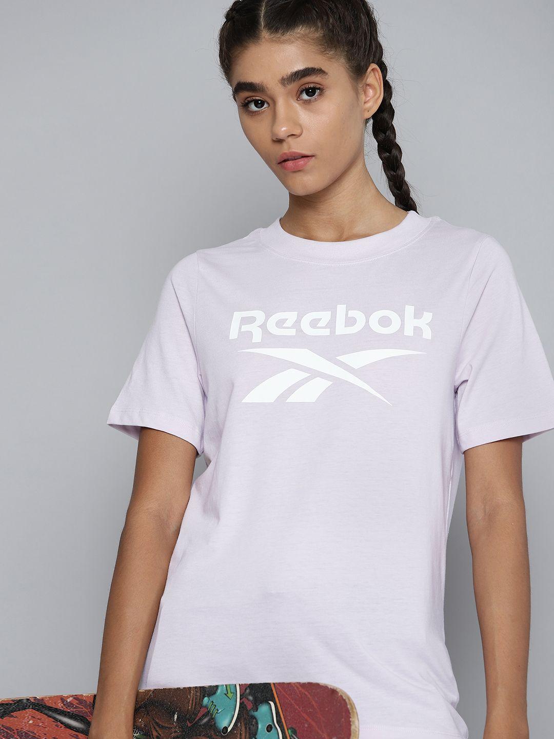 reebok women lavender brand logo printed training or gym t-shirt