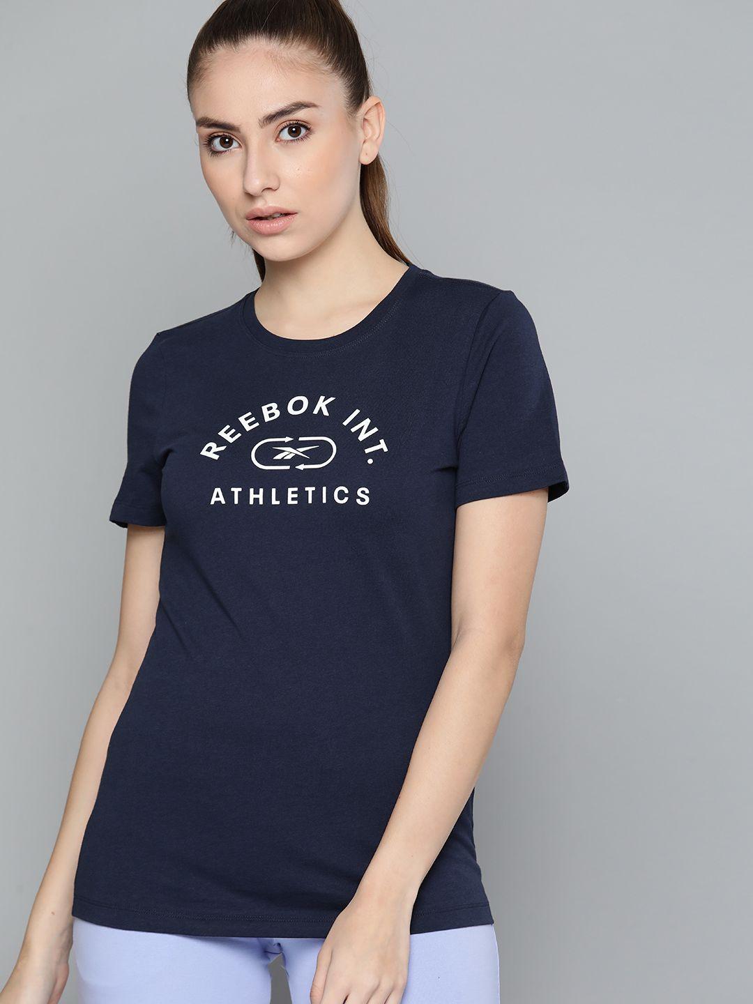 reebok women navy blue & white w prime graphic print slim fit training pure cotton t-shirt