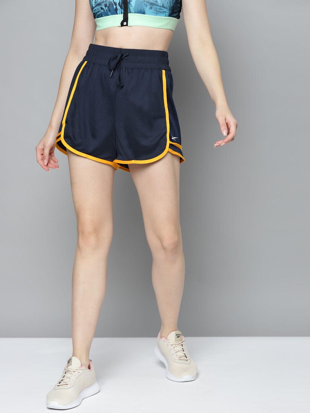 reebok women navy blue regular shorts with side stripes