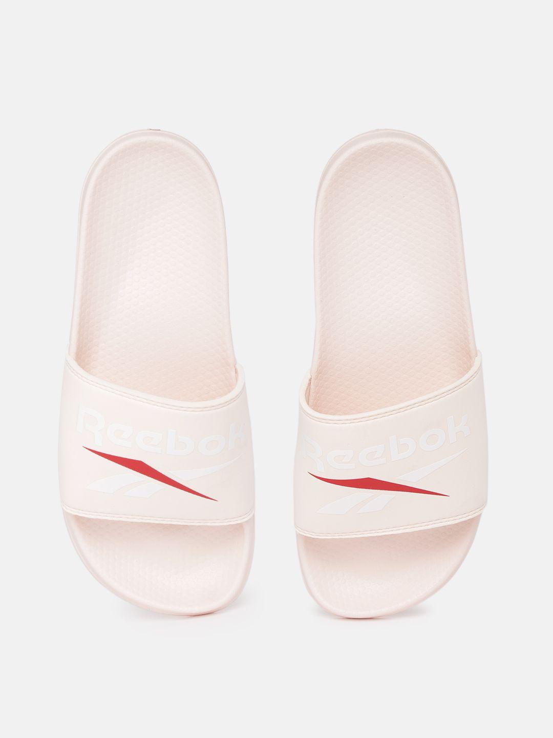 reebok women pink & white brand logo printed sliders