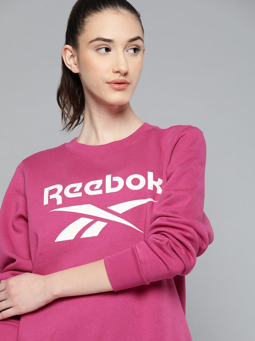 reebok women pink printed identity logo fleece crew sweatshirt
