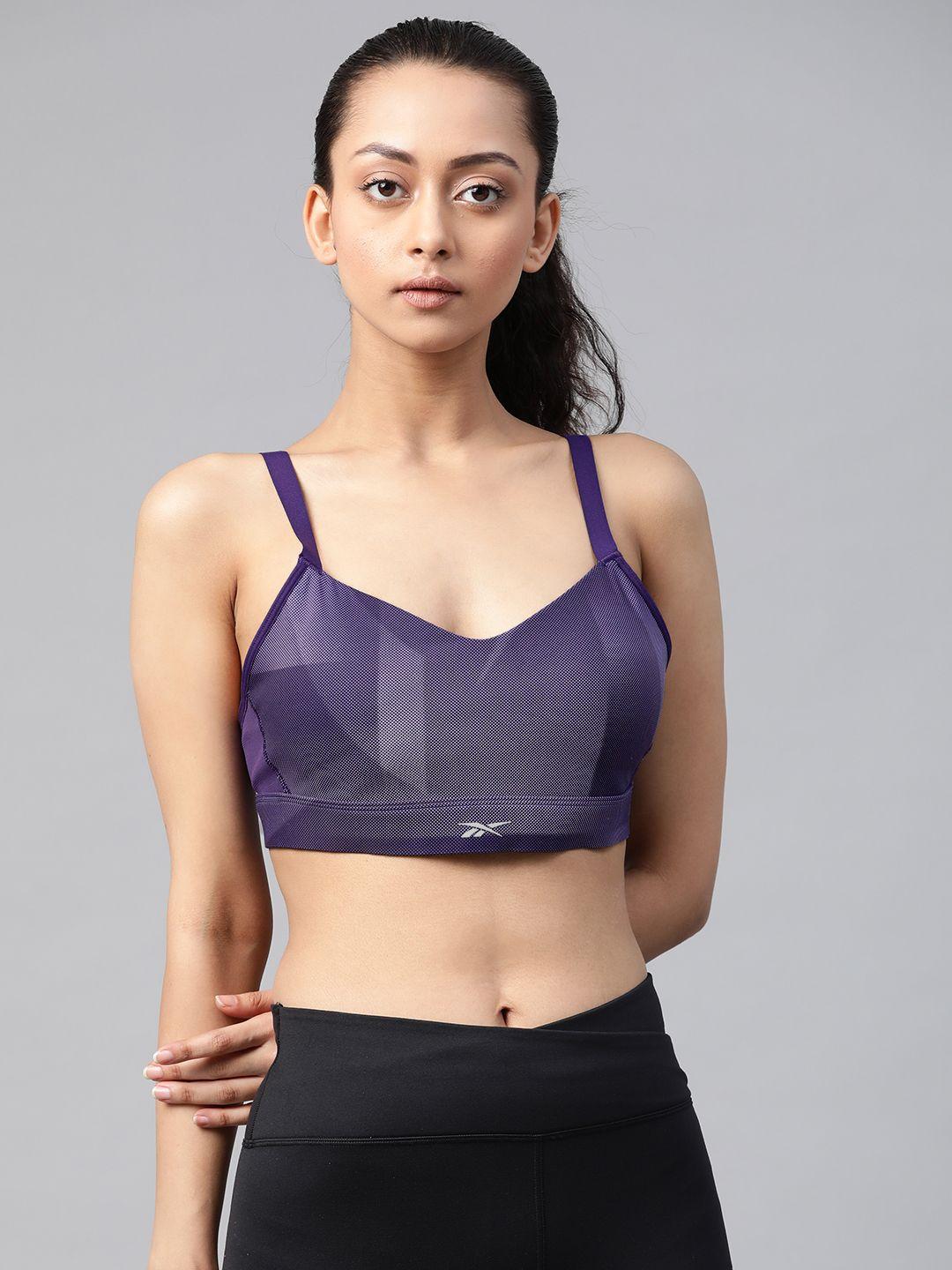 reebok women purple printed lux strappy aop sports bra gi8019