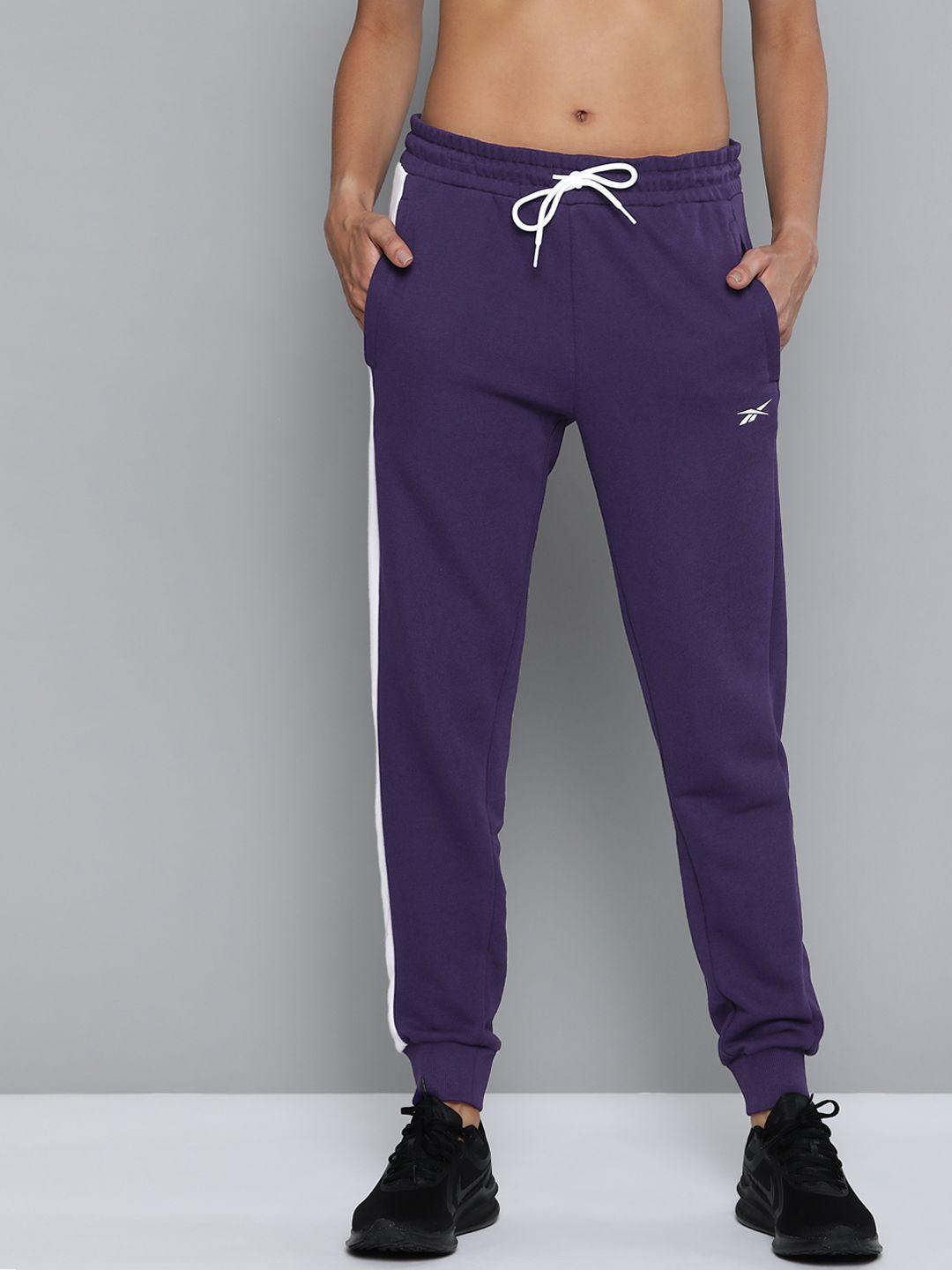 reebok women purple solid training essentials linear logo joggers