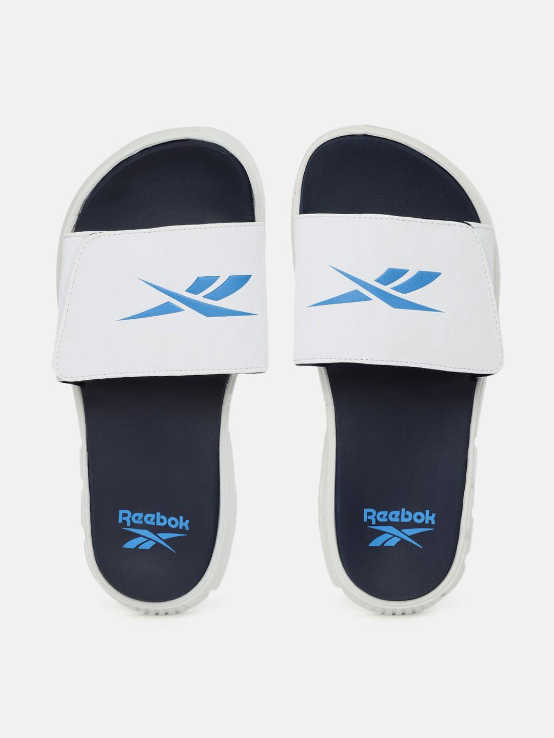 reebok women white & navy blue brand logo print rio sliders