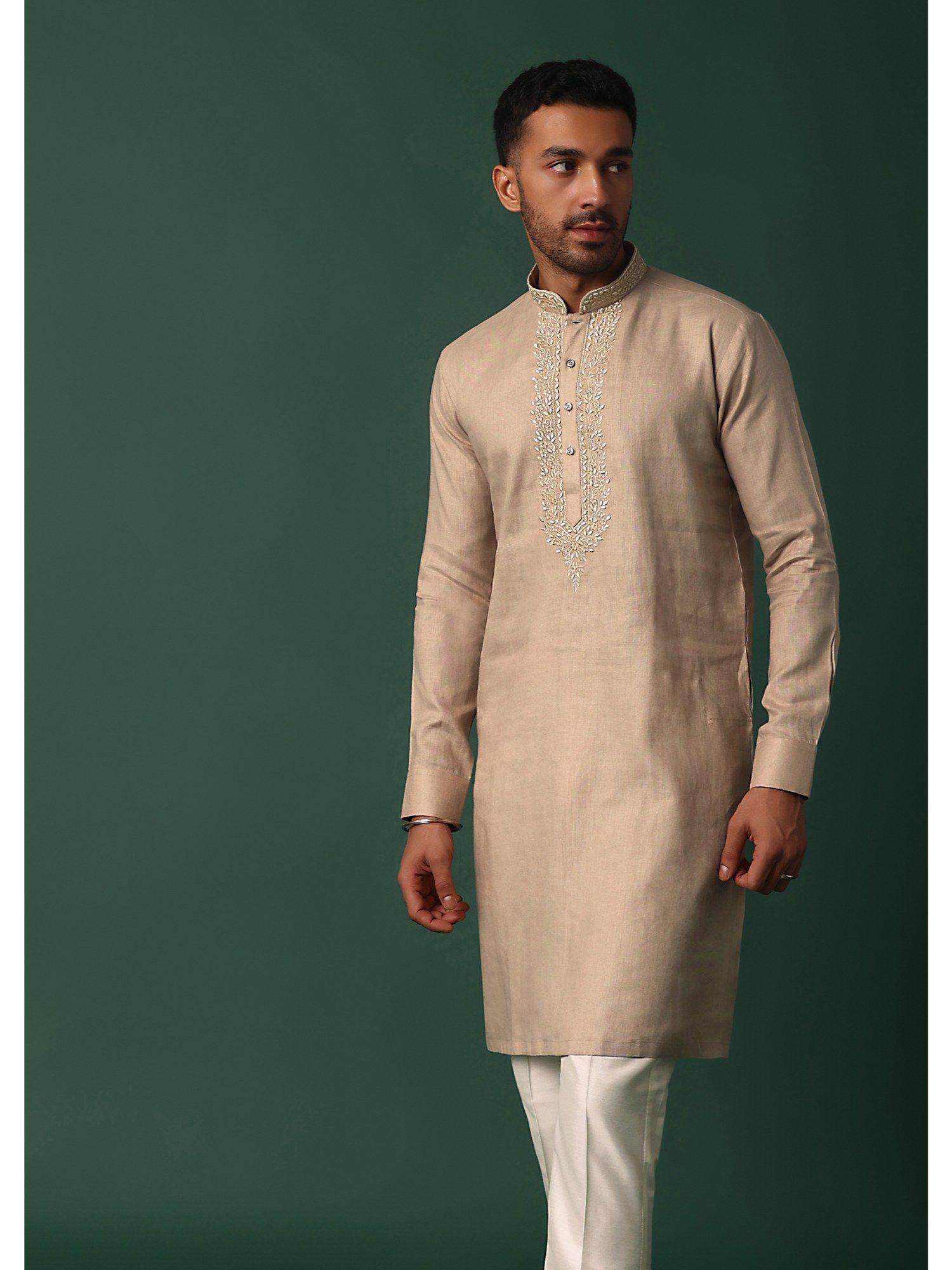 refined brown linen kurta with intricate yoke work