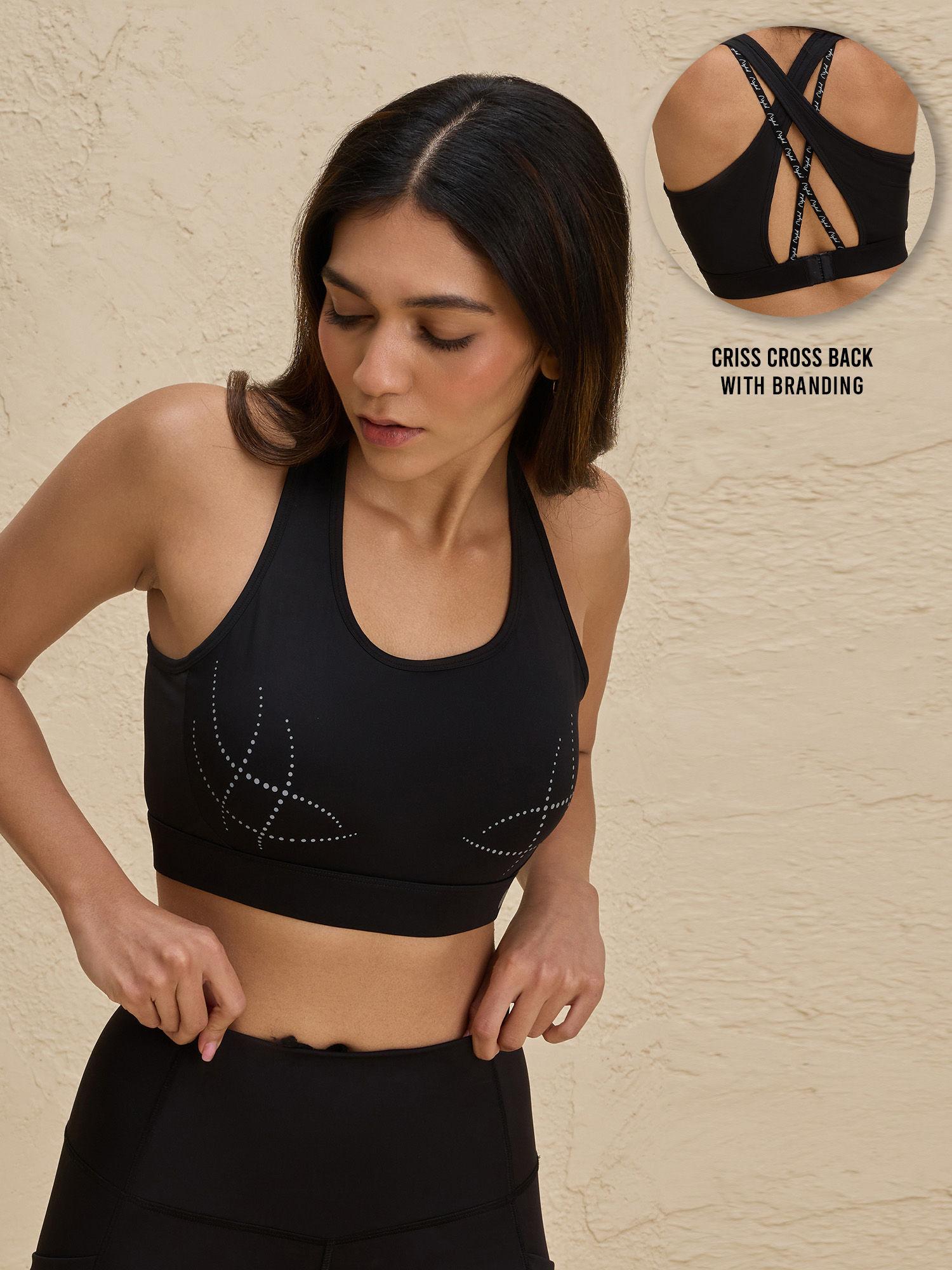 reflective print sports bra with criss cross back-nyk298-jet black