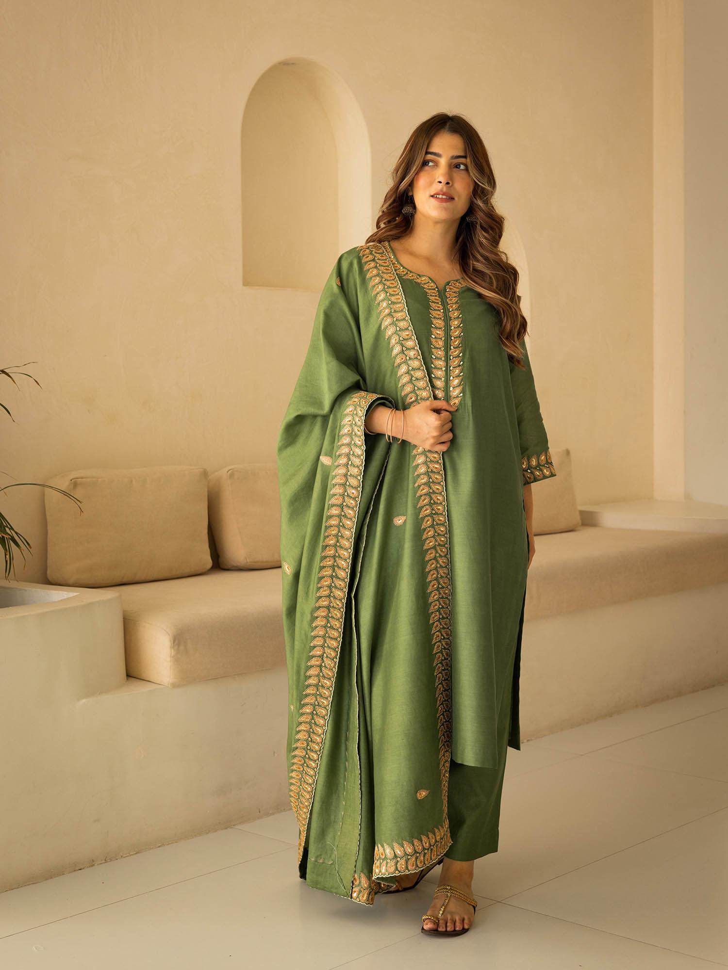 regal emerald zardosi chanderi kurta with pant & dupatta (set of 3)