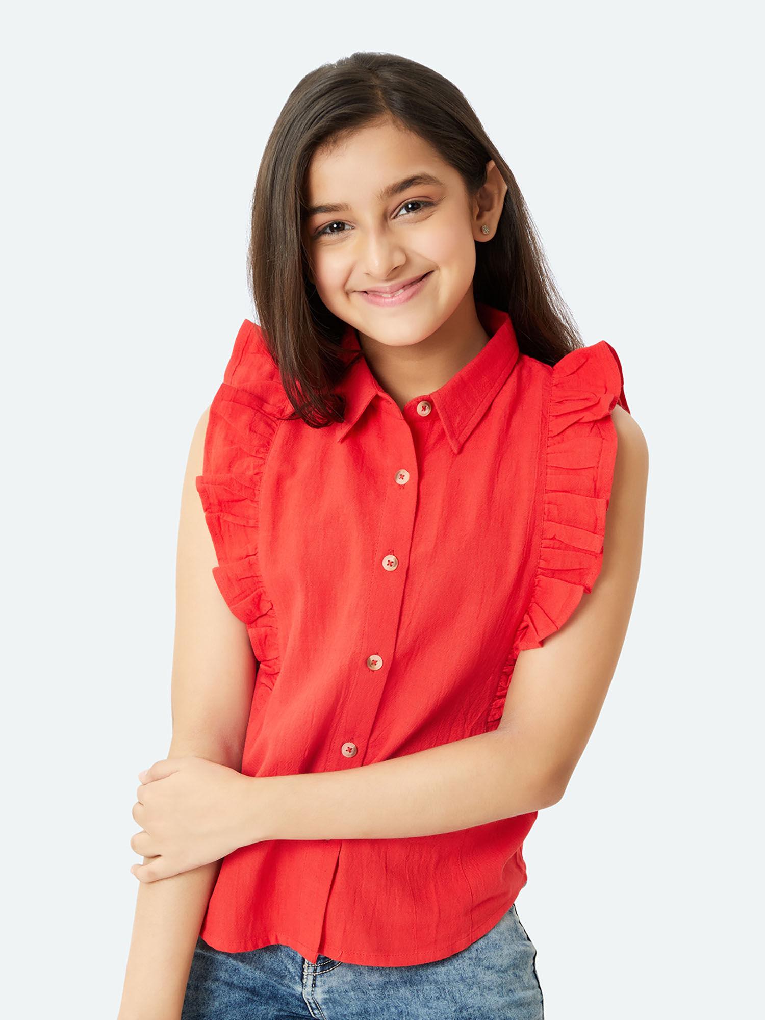 regina ruffled red cotton linen shirt