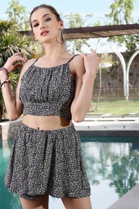 regular above knee polyester women's casual wear top and skirt set - navy